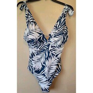 Kim Garvel Swimsuit For All Women Sz14 Blue White Palm Leaf 1 Piece Shoulder Tie